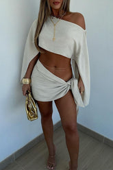 Sexy Vacation Messenger Knotted Irregular Oblique Collar Long Sleeve Two Pieces(4 Colors)